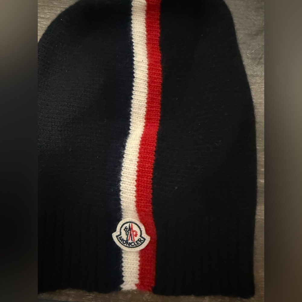 Moncler Black Hat with Red, White, and Blue Stripe